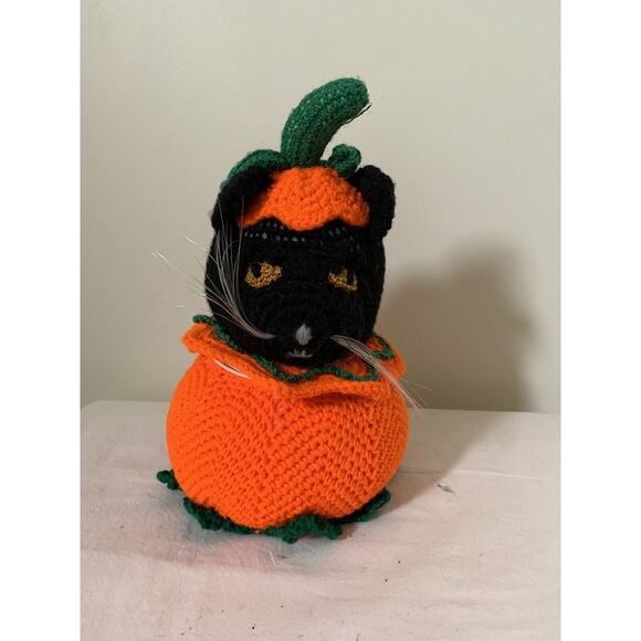 Vintage Crochet Stuffed Black Cat Halloween Container Decor Handcrafted 12" - Picture 1 of 11
